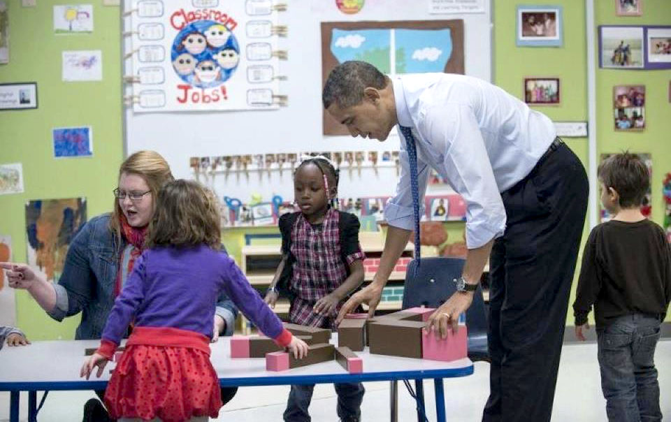 Material Montessori! Barak Obama with Montessori Pink Tower