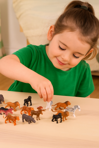 Montessori child exploring and sorting Safari animal figurines on a table
