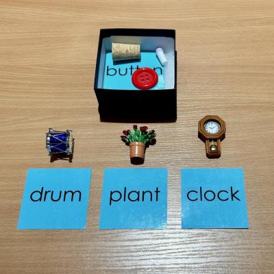 Blue Cardboard Boxes with Objects and Word Cards