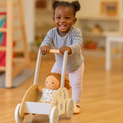Toddler with wagon: A young child walking confidently while pushing a Montessori wooden wagon, demonstrating independence and balance.