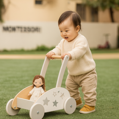 Toddler with wagon: A young child walking confidently while pushing a Montessori wooden wagon, demonstrating independence and balance.