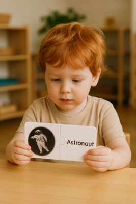 Match It! Out in Space puzzle box front cover showing Earth puzzle piece and a smiling child holding the card