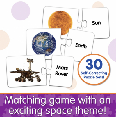 Match It! Out in Space puzzle box with puzzle pieces showing Sun, Earth, and Mars Rover