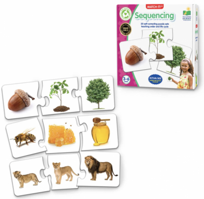 20-piece sequencing puzzle set with life cycles and daily routine steps for Montessori learning