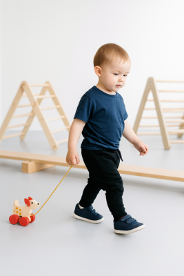 Toddler pulling a wooden Montessori dog toy across a classroom floor.