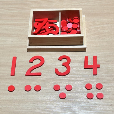 Montessori wooden numerals and counters in a box – red wooden numbers and red plastic discs for learning 1 to 10, even and odd