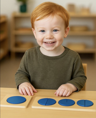 Wooden fraction circle raised puzzle set of 2 with large blue circle insets for toddler