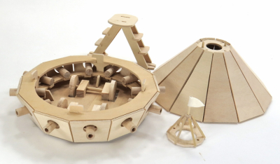 Leonardo da Vinci wooden tank kit with gears and internal wooden mechanism parts
