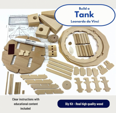 Leonardo da Vinci wooden tank STEM kit with wooden parts and illustrated instructions