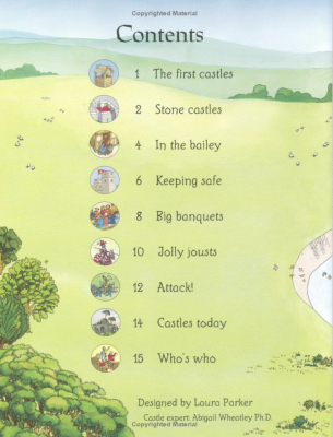 Contents page of See Inside Castles Usborne book showing chapter list about medieval castles