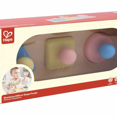 Hape Montessori mirror shape puzzle, wooden base with four geometric shape inserts and child-safe mirrors underneath