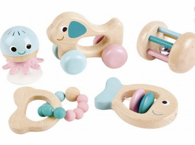 Baby wooden multi-stage sensory gift set with five wooden toys for 0-12 months