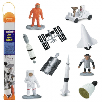 Space Tube - Safari Space Exploration Figurines Set Montessori space figurines including astronauts Saturn V rocket space shuttle lunar rover and international space station