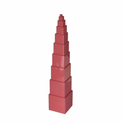 Montessori Pink Tower - ten pink wooden cubes stacked from largest to smallest, used for developing  size  discrimination,  concentration, and fine motor control 