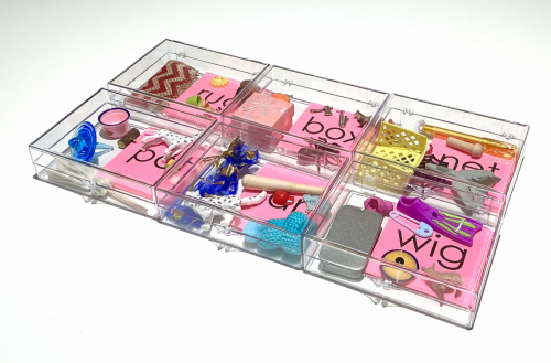 Clear Plastic Boxes with Objects and Pink Word Cards - phonetic pink series 