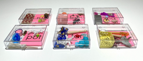 Plastic Boxes with Objects and Pink Word Cards - phonetic