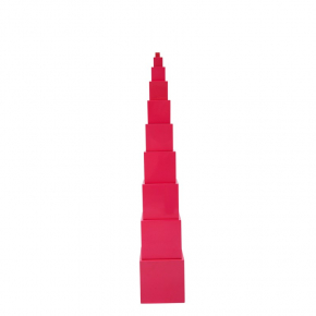 Montessori Pink Tower - ten pink wooden cubes stacked from largest to smallest, used for developing  size  discrimination,  concentration, and fine motor control in Montessori Learning.