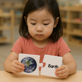 Match It! Out in Space puzzle box front cover showing Earth puzzle piece and a smiling child holding the card