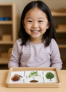 A girl working with 20-piece sequencing puzzle set with life cycles 