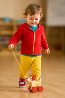 Toddler pulling a wooden Montessori dog toy across a classroom floor.