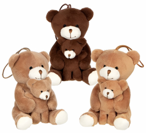 Montessori-inspired plush mama bear with baby cub in Dark Brown, Light Brown, and Warm Ginger colors, soft toy for stroller or crib mobile