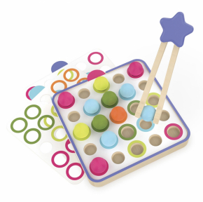 Pattern and sequencing wooden board with colored discs, tweezers, and pattern cards for early math and fine motor skills
