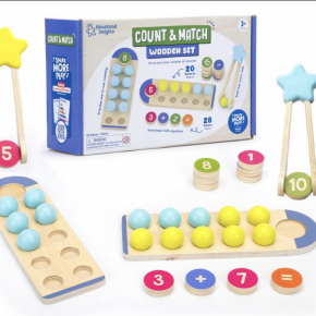 Count and Match wooden set with counting boards, number tokens, colored spheres, and tweezers for early math learning