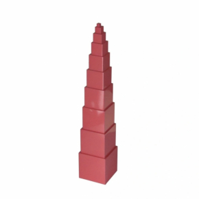 Montessori Pink Tower - ten pink wooden cubes stacked from largest to smallest, used for developing  size  discrimination,  concentration, and fine motor control 