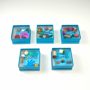 Montessori Blue Cardboard Boxes with Objects and Word Cards